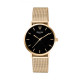 Modern and simple design watch with black dial and golden milanese mesh bracelet by Elsa Lee Paris 