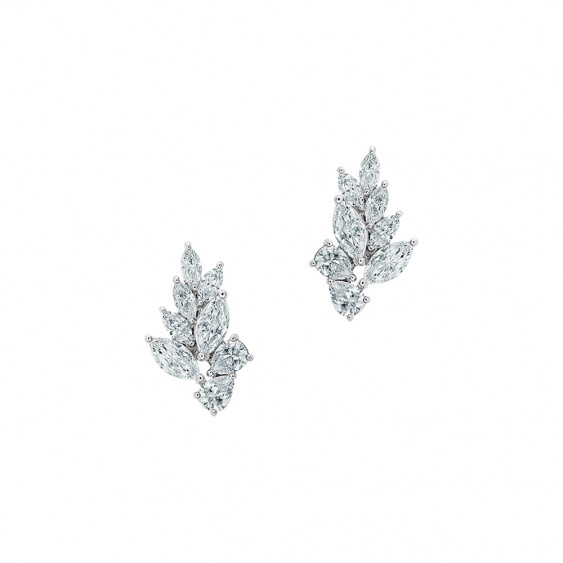 laurel branch studs earrings silver with cubics zirconia pear shape laurel leaf by Elsa lee Paris