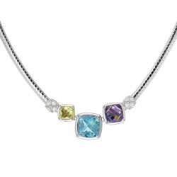 Collier maille omega argent oxydes de zirconium de couleur bleu violet et vert et pierres blanches Elsa Lee Paris