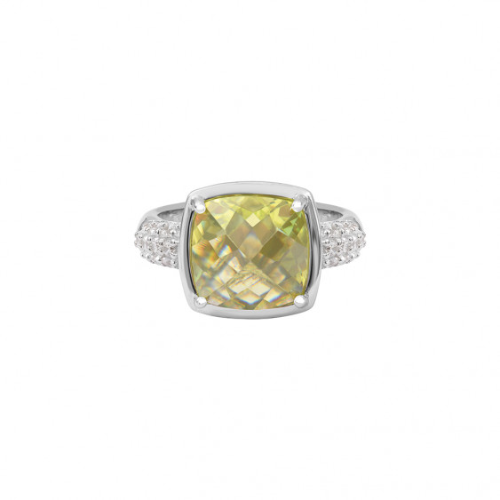 green cushion-cut solitaire ring with accompanying white zirconia half-pavé setting Elsa Lee Paris