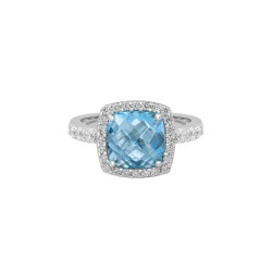 Blue cabochon solitaire halo ring with white pavé stones in sterling silver Elsa Lee Paris