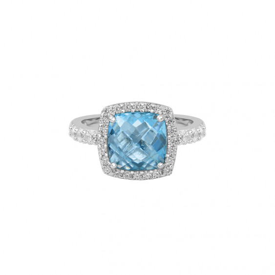 Blue cabochon solitaire halo ring with white pavé stones in sterling silver Elsa Lee Paris