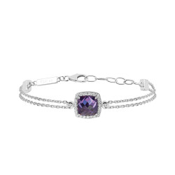 double-chain silver bracelet with violet cubic zirconia cabochon surrounded by small white cubic zirconia stones Elsa Lee Paris