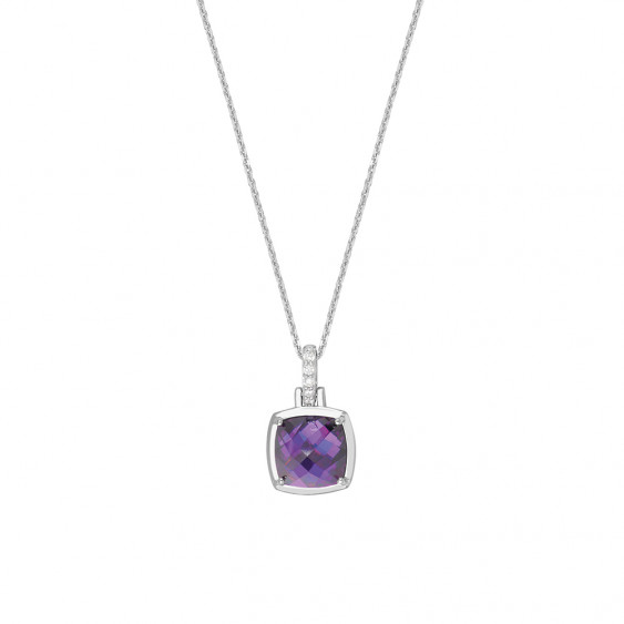 silver chain pendant necklace with square cabochon purple zirconia Elsa Lee Paris