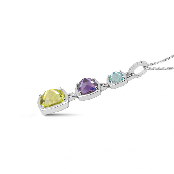 Tricolor Stone Pendant Necklace, featuring green, blue, and violet cabochon stones in silver by Elsa Lee Paris.