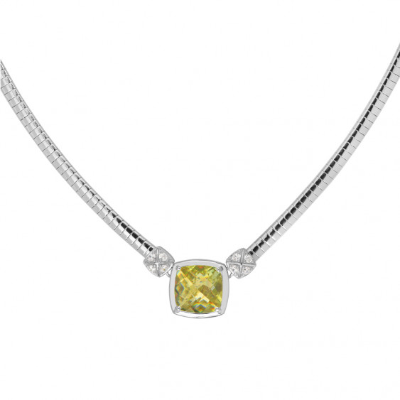 925 rhodium-plated silver omega chain necklace with yellow and green cabochon cubic zirconia and white stones Elsa Lee Paris