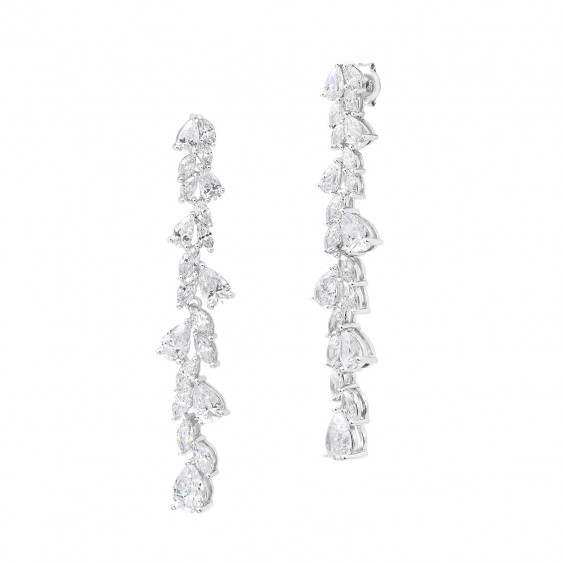 Long silver drop earrings with cubic zirconia river Elsa Lee Paris